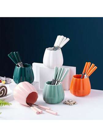 1pc Stainless Steel Fruit Fork Set With Ceramic Storage Jar, Watermelon Forks, High-End Cutlery