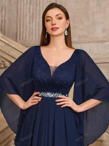 MIUSOL Vestido de noche con cuello en V profundo, mangas con diseño de mariposa, doblez y pliegues en el ruedo, para fiesta, invitada de boda o evento formal