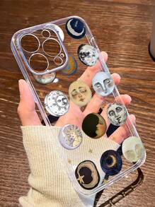 1pc Face & Moon Design Clear TPU Full Coverage Protective Phone Case, Anti-Scratch Anti-Fingerprint, Compatible With Iphone Waterproof Shockproof Anti-Fall