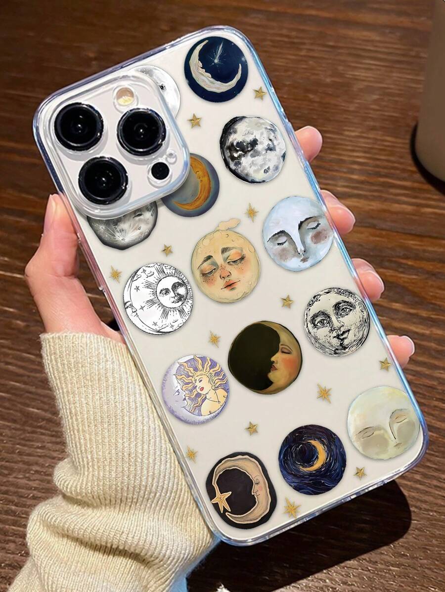 1pc Face & Moon Design Clear TPU Full Coverage Protective Phone Case, Anti-Scratch Anti-Fingerprint, Compatible With Iphone Waterproof Shockproof Anti-Fall
