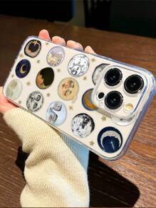 1pc Face & Moon Design Clear TPU Full Coverage Protective Phone Case, Anti-Scratch Anti-Fingerprint, Compatible With Iphone Waterproof Shockproof Anti-Fall