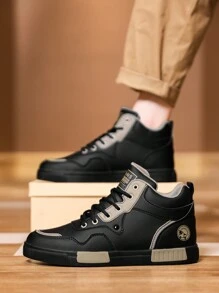 男士中帮运动鞋，平底休闲工作鞋踝靴，坚固耐用防滑鞋底，质量好 - 黑色 - 查看 7