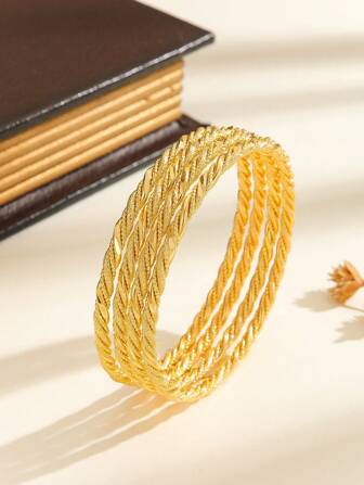 4 Pcs Vintage 24k Gold Plated Twisted Rope Women Bracelets, Suitable For Holiday Gifts, Parties, Daily Wear