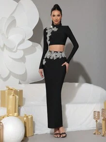 全新闪亮水钻 3D 花朵短款上衣搭配长绷带裙性感两件套西装，正式晚会礼服 - 銀色 - 查看 1