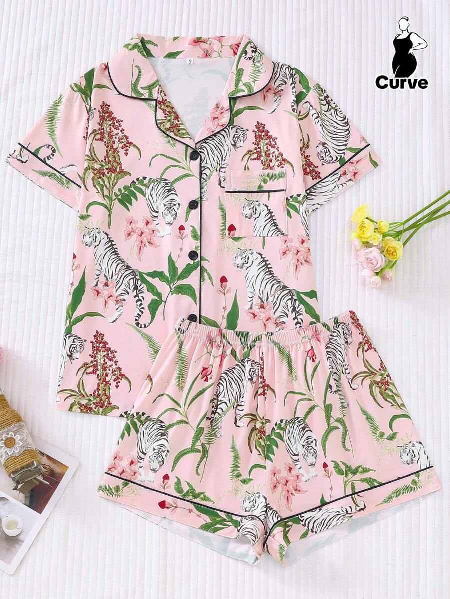 2 قطعة بيجامة للنساء ذوات الحجم الكبير مزينة بنقوش الأزهار والنمور، قميص بأكمام قصيرة وياقة وأزرار، وشورت خصر مطاطي، مناسبة لأصحاب الوزن الزائد، صالحة للحفلات العطلات، ارتداء داخل وخارج المنزل بالراحة - وردي - مشاهدة 1
