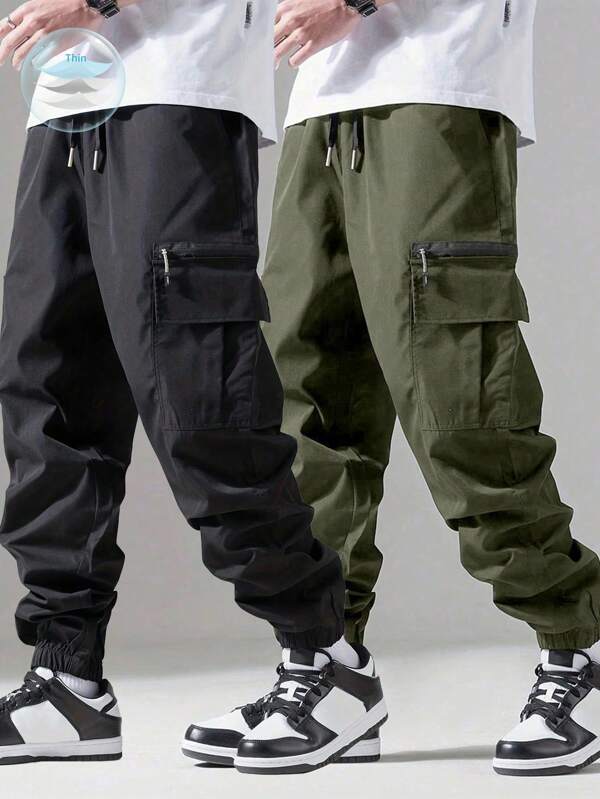 2pcs Men's Casual Versatile Simple Cargo Pants, Fall Clothes