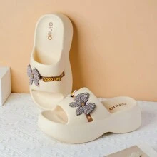 女士户外拖鞋，超厚底时尚沙滩拖鞋，舒适厚底，时尚一脚蹬室内/户外家居拖鞋，防滑浴室拖鞋，娇小女性的高跟增高鞋 - 米色 - 查看 6