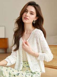 1pc Women Loose V-Neck Hollow Knit Shrug Cover Up, Versatile Long Sleeve Lightweight Ice Silk Sun Protection Kimono Outwear - Multicolor - View 5