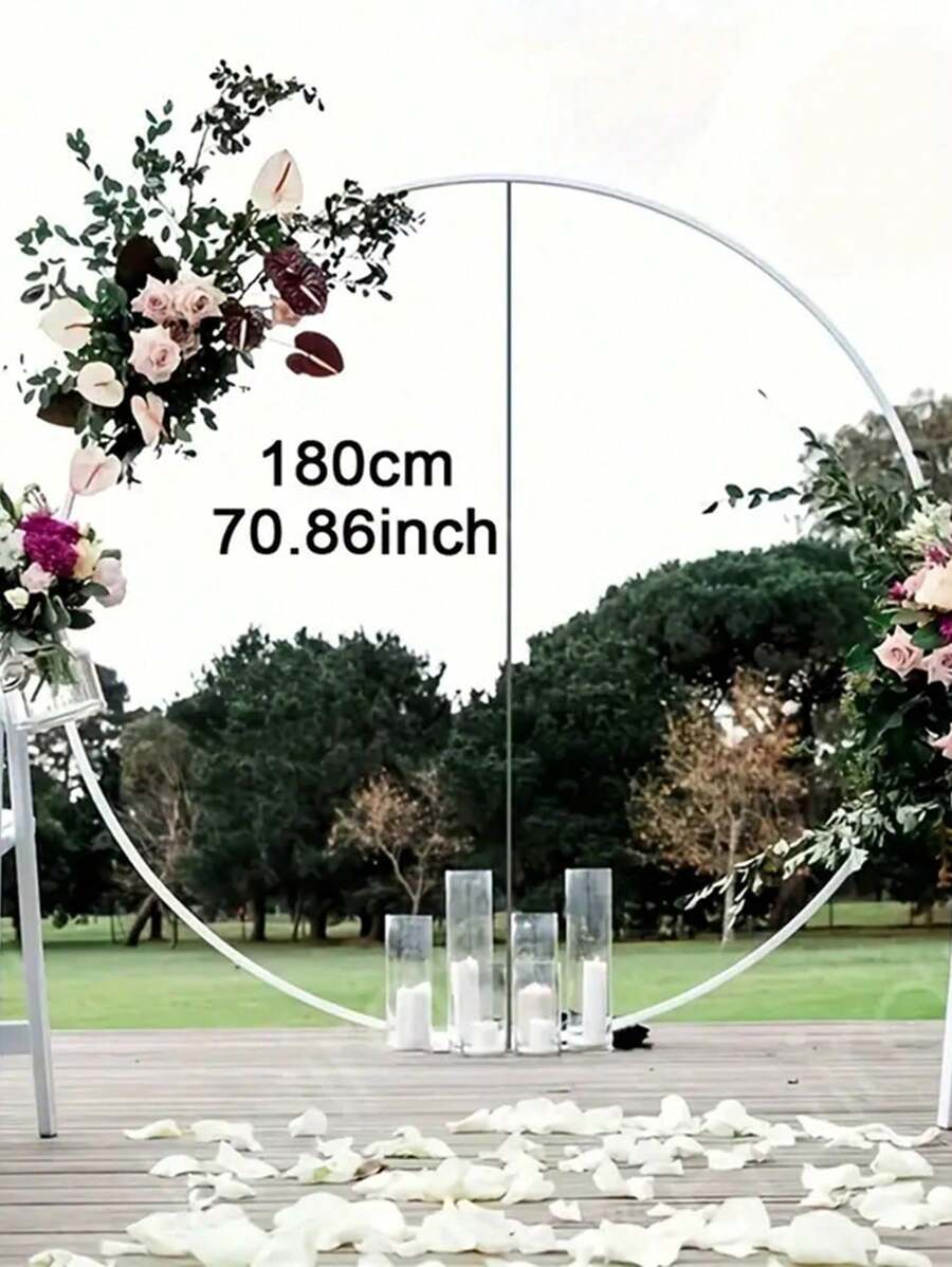 一套圆形气球拱门套装，包含气球蝴蝶结、圆形塑料花环、气球支架，适用于婚礼、生日派对、新娘送礼会、周年纪念装饰。