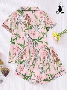 2 قطعة بيجامة للنساء ذوات الحجم الكبير مزينة بنقوش الأزهار والنمور، قميص بأكمام قصيرة وياقة وأزرار، وشورت خصر مطاطي، مناسبة لأصحاب الوزن الزائد، صالحة للحفلات العطلات، ارتداء داخل وخارج المنزل بالراحة - وردي - مشاهدة 2