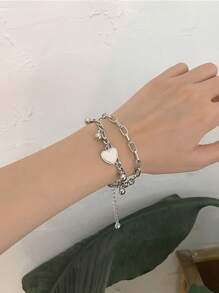 1pc Stainless Steel Heart Sphere Pendant & Dual Layer Hip-Hop Style Bracelet, Fashionable Everyday Wear & Gift Valentines - Bracelet - View 3