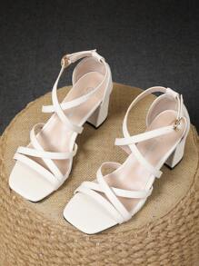 Square Toe Thick Heel Strap Buckle Sandals, Versatile High Heels For Party - White - View 4