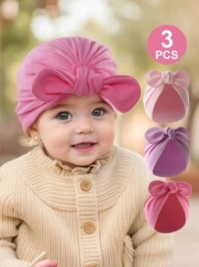 3 pièces Bonnets de nouveau-né unicolore, convient pour un porter quotidien, casquette décorée d'un nœud papillon