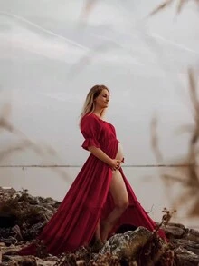 Maternity Button Puff Sleeve Floor Length Dress, Photography Dress - Burgundy - View 4