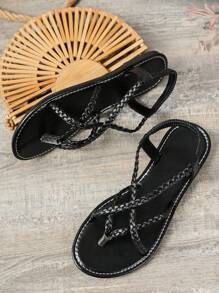 Women's Lace-Up Flat Sandals, Fashionable Beach Woven Strap Slippers, Summer