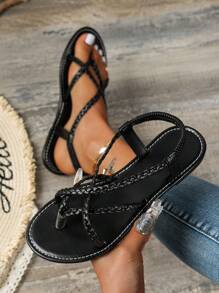 Women's Lace-Up Flat Sandals, Fashionable Beach Woven Strap Slippers, Summer
