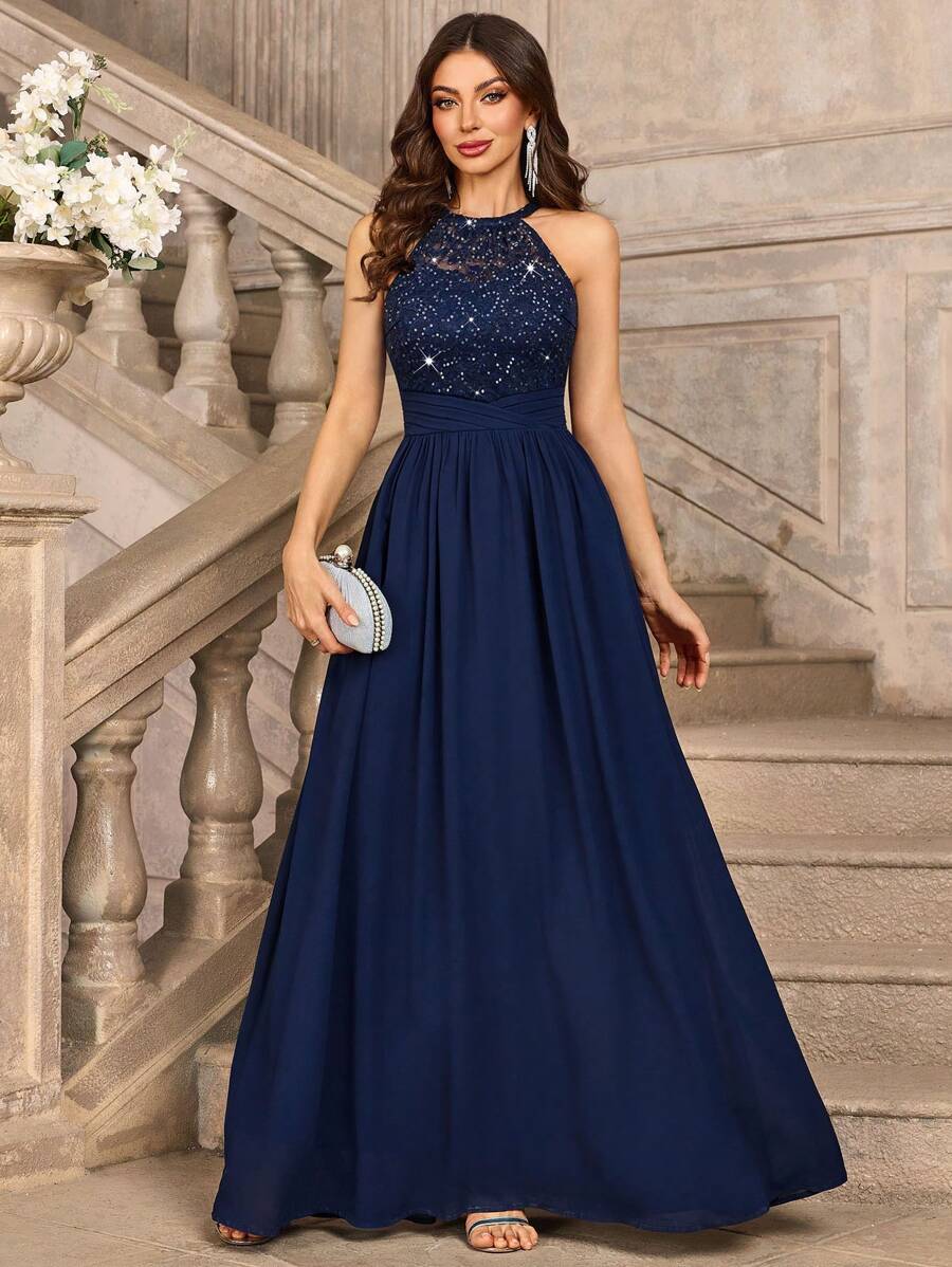 MIUSOL Elegant Women's Sequin Floral Lace Halter Neck Sleeveless Ruched Chiffon Maxi Dress, Perfect For Formal Wedding Guest, Cocktail Party, Bridesmaid, Prom