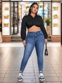 Talla grande Jeans ajustados desgarro, Jeans slim fit con diseño desgarrado y bolsillos sesgados, para tallas grandes, Pantalones Vaqueros De alle alto en azul con lavado claro De Talla Grande Con Patrón De Huella De Gato, Ultra Elásticos, Vaqueros elásticos con borde sin rematar en la cinturilla - Azul - Ver 6