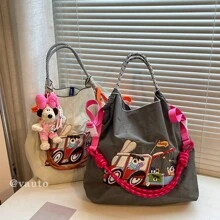 Fashion Shopping Bag Women's Shoulder Bag Nylon Fabric Bag Dog Embroidery Lightweight Storage Bag Commuter Bag Travel Backpack Large Capacity Tote