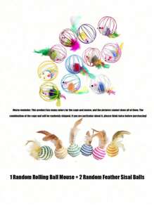 Colorful Feather Painted Iron Cage Pet Cat Toys - Realistic Mouse Shaped Rollers And Caged Mice, Interactive Toys For Cats