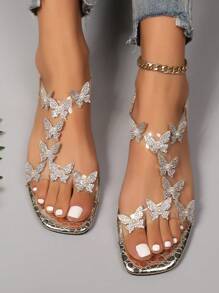 Women'S Summer Bowknot & Rhinestone Elegant Flat High Heel Peep Toe Sandals & Slippers For Women, Bohemian Party Shoes