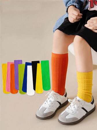 1 Pair Kids Double Needle Mid-Calf Socks, Girls Candy Color Pile Socks, Boys Straight Socks, Suitable For 3-8 Years Old Children Daily Wear