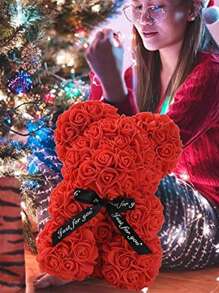 2/1 Pc, 9.25*15.5inch Rose Teddy Bear Decoration, Miniature Foam Bear Cute Home Decor, Romantic Artificial Flower Design, Suitable For Valentine's Day, Wedding, Birthday, Window Display, Desktop Decor, Perfect Gift For Family & Friends Gifts Graduation