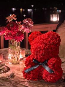 2/1 Pc, 9.25*15.5inch Rose Teddy Bear Decoration, Miniature Foam Bear Cute Home Decor, Romantic Artificial Flower Design, Suitable For Valentine's Day, Wedding, Birthday, Window Display, Desktop Decor, Perfect Gift For Family & Friends Gifts Graduation