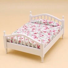 1pc Miniature European Style Wooden & Fabric Doll House Bedroom Furniture Set, Double Bed & Nightstand, Suitable For Doll House Play, Birthday Gifts, Christmas Gifts