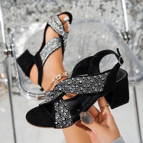 Women's Fashionable Round Toe Rhinestone Decorated Strap Open Toe Sandals, Black Gentle French Style Versatile Shoes For Summer