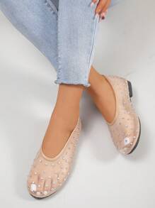 RALSWNAY Sandales plates brillantes en maille pour femmes, chaussures respirantes et confortables décorées de strass