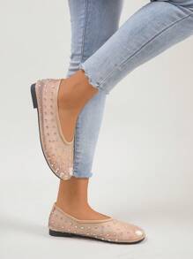 RALSWNAY Sandales plates brillantes en maille pour femmes, chaussures respirantes et confortables décorées de strass