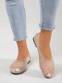 RALSWNAY Sandales plates brillantes en maille pour femmes, chaussures respirantes et confortables décorées de strass