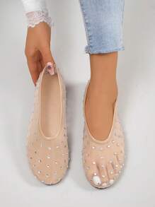 RALSWNAY Sandales plates brillantes en maille pour femmes, chaussures respirantes et confortables décorées de strass