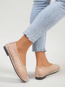 RALSWNAY Sandales plates brillantes en maille pour femmes, chaussures respirantes et confortables décorées de strass