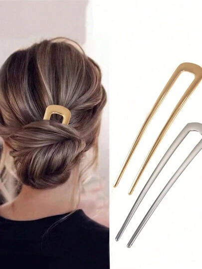 2 件套女士闪亮金属 U 型发夹，韩国简约发饰，优雅发髻制作器，适合日常佩戴