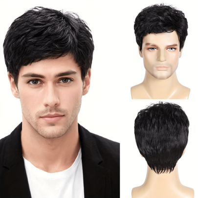 Men's Wig, Short Black Wig Men Layered Natural Fluffy Synthetic Hair Halloween Costume Wigs For Male For Man, Wig Accessories