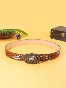 1pc Vintage Western Cowboy Style Animal Buckle Embossed PU Leather Belt - Fits With Jeans, Dresses, Valentine Suitable For All Seasons