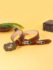 1pc Vintage Western Cowboy Style Animal Buckle Embossed PU Leather Belt - Fits With Jeans, Dresses, Valentine Suitable For All Seasons