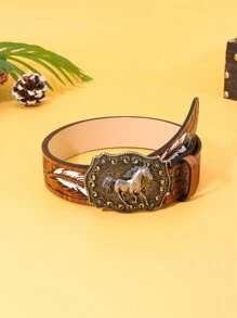 1pc Vintage Western Cowboy Style Animal Buckle Embossed PU Leather Belt - Fits With Jeans, Dresses, Valentine Suitable For All Seasons