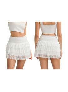 Women Mini Skirt Low Waist Lace Skirt Pleated Summer Layered Skirt For Club Party - trắng - Xem 6