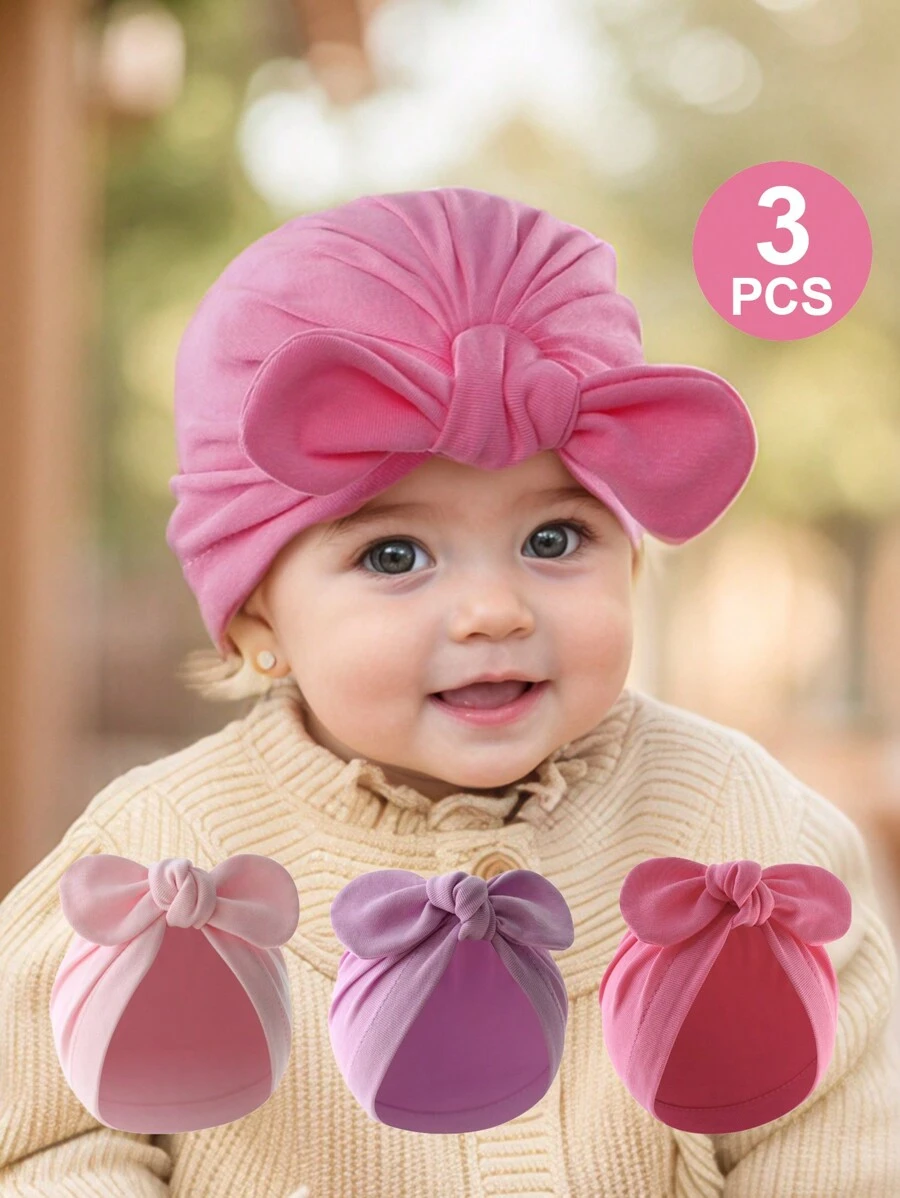3 pièces Bonnets de nouveau-né unicolore, convient pour un porter quotidien, casquette décorée d'un nœud papillon