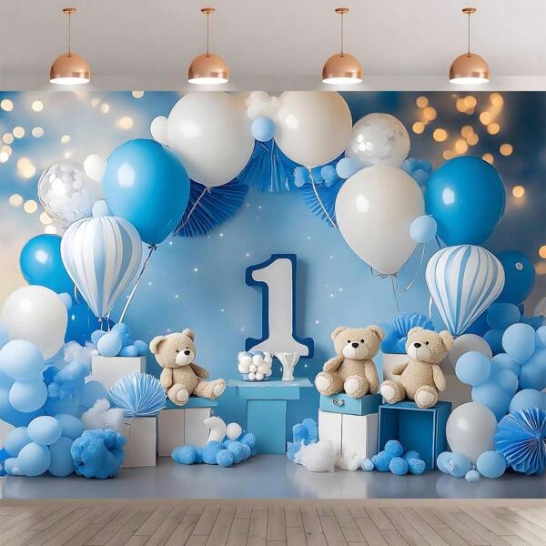 Versatile Blue Hot Air Balloon & Bear 1st Birthday Backdrop - Durable Polyester, Suitable For Indoor/Outdoor Parties, Weddings, Graduations, Etc.