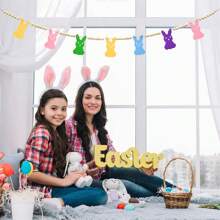 1 szt. Wielkanocny dzień drewniane koraliki girlanda z kolorowym króliczkiem w kształcie, wiosenny motyw królika koraliki taca warstwowa dekoracja, rustykalny baner wiejski na obchody Wielkanocy, ekspozycja półki, kominek, ściana