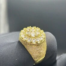 European And American Hip-Hop Style 3-Circle Zirconia Unique Ring, Shiny Brass Fully Zirconia Hiphop Jewelry