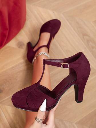 Christmas Must-Have Gift - Women's Hollow Out Breathable High Heel T-Strap Sandals, Elegant Chunky Heel Round Toe Low Vamp Sexy Party Runway Model Thick Bottom Faux Suede Wine Red High Heels, Versatile Commuting Wedge Shoes,Kitten Heels