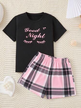 A Fashionable, Elegant, And Casual Summer Home Outfit For Girls, Featuring A Cute Goodnight Eye Print Short Sleeved Top And Pink Striped Checkered Girl Shorts. Comfortable Fabric, Suitable For Casual Home Wear, As A Gift For Girls