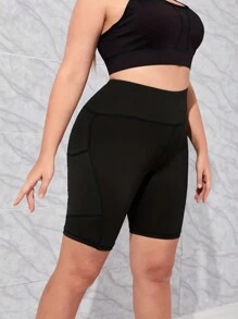 Plus Size Solid Color High Waist Pocket Minimalist Fitted Shorts, Casual Everyday Wear