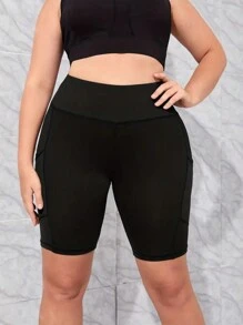 Plus Size Solid Color High Waist Pocket Minimalist Fitted Shorts, Casual Everyday Wear