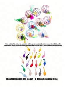 Colorful Feather Painted Iron Cage Pet Cat Toys - Realistic Mouse Shaped Rollers And Caged Mice, Interactive Toys For Cats